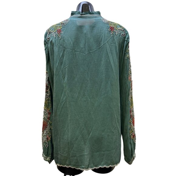 Johnny Was Embroidered Silk Blouse Green XL - Picture 2 of 6